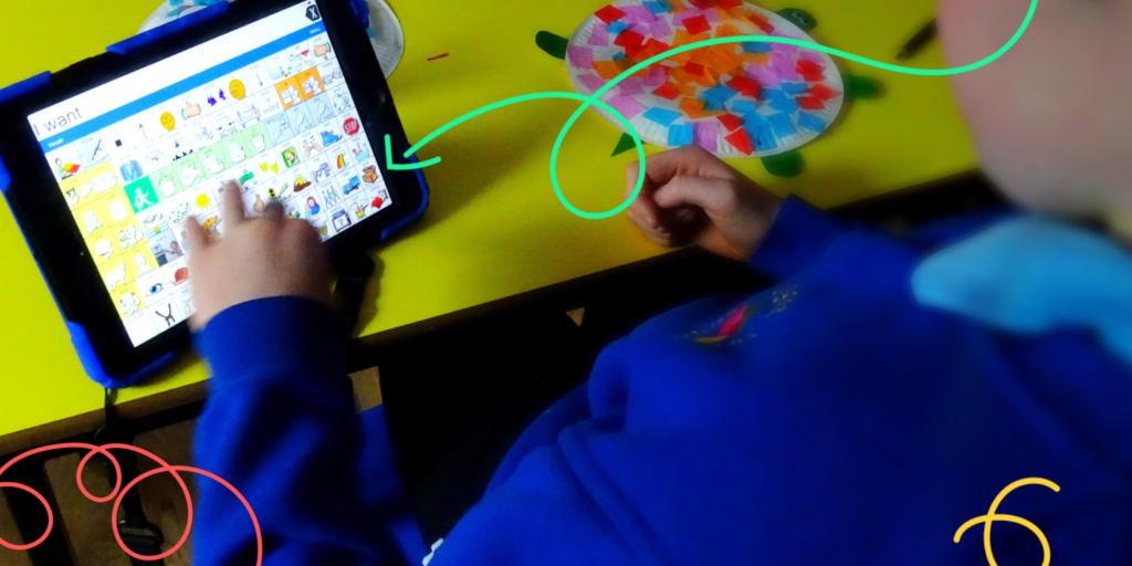 School pupil using a tablet to communicate via app