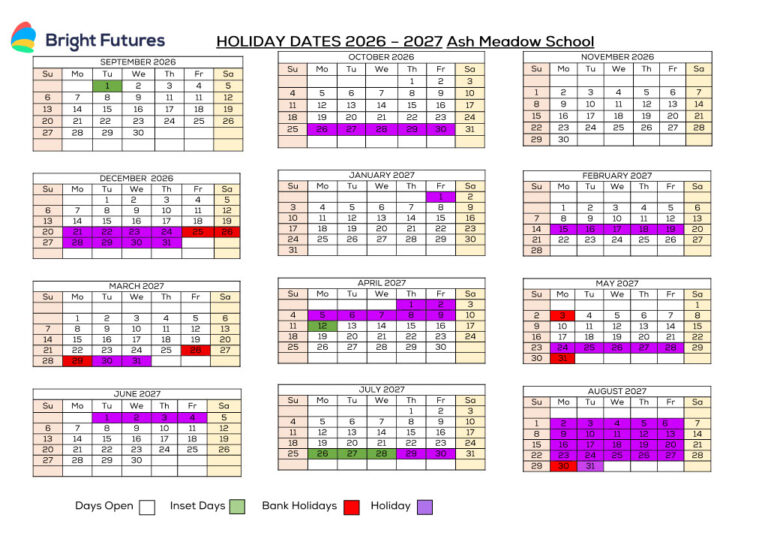 Calendar showing Ash Meadow tern dates for 2026-2027