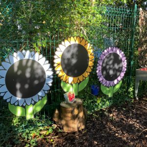 Outdoor chalk board shaped as sunflowers