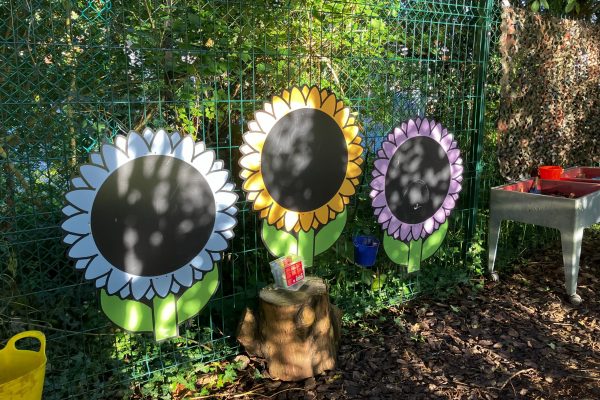 Outdoor chalk board shaped as sunflowers